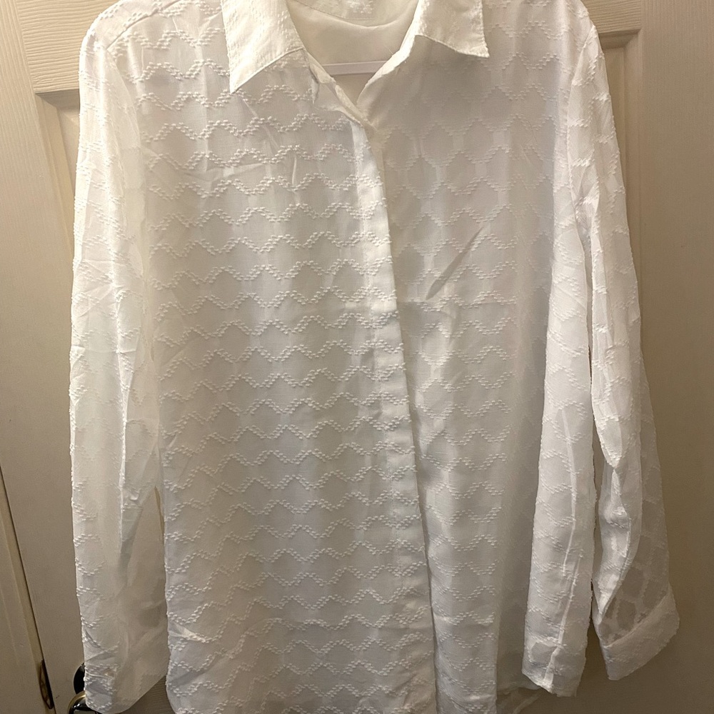 White button shirt.  Business casual collar with cool design.  Size xl
